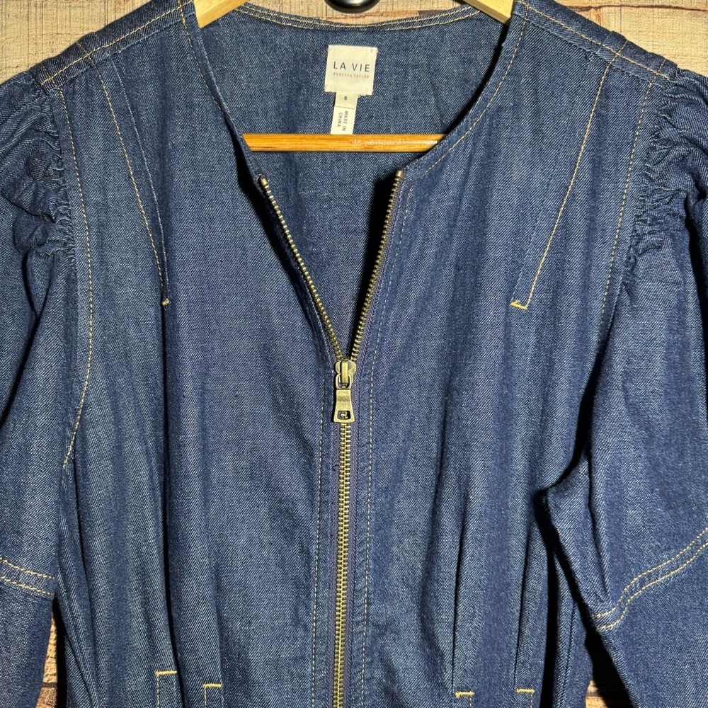 Rebecca Taylor La Vie Puff Sleeve Denim Jumpsuit size Small Tie Waist - Picture 9 of 15